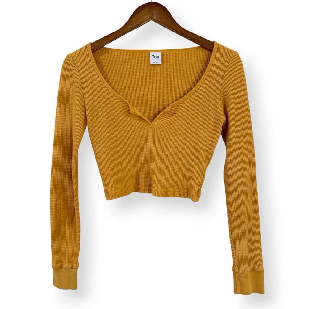 Tna Thermal Crop Top Womens Small Yellow Waffle Knit Notched Neck Long Sleeve